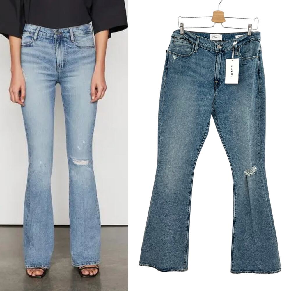 Frame Le High Flare‎ Jeans Denim Crystal Shores Rips Blue Size 32